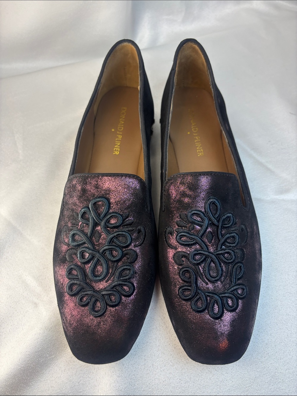 Donald J Pliner Metallic Purple Embroidered Loafers